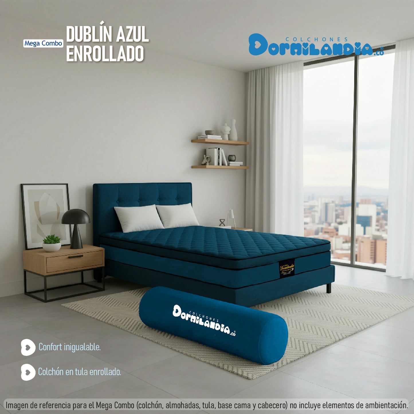 Mega combo Colchón Dublín Resortado Enrollado En Tula Confortable + Base Cama + Cabecero + Almohadas