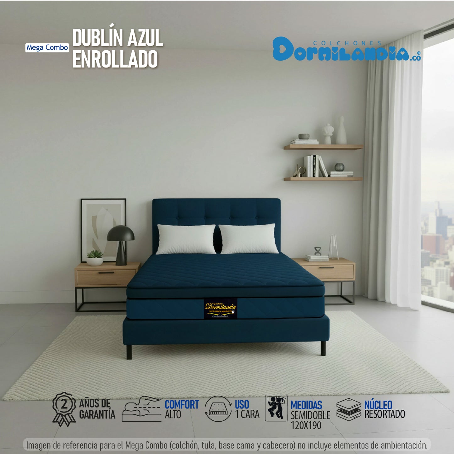 Mega combo Colchón Dublín Resortado Enrollado En Tula Confortable + Base Cama + Cabecero + Almohadas