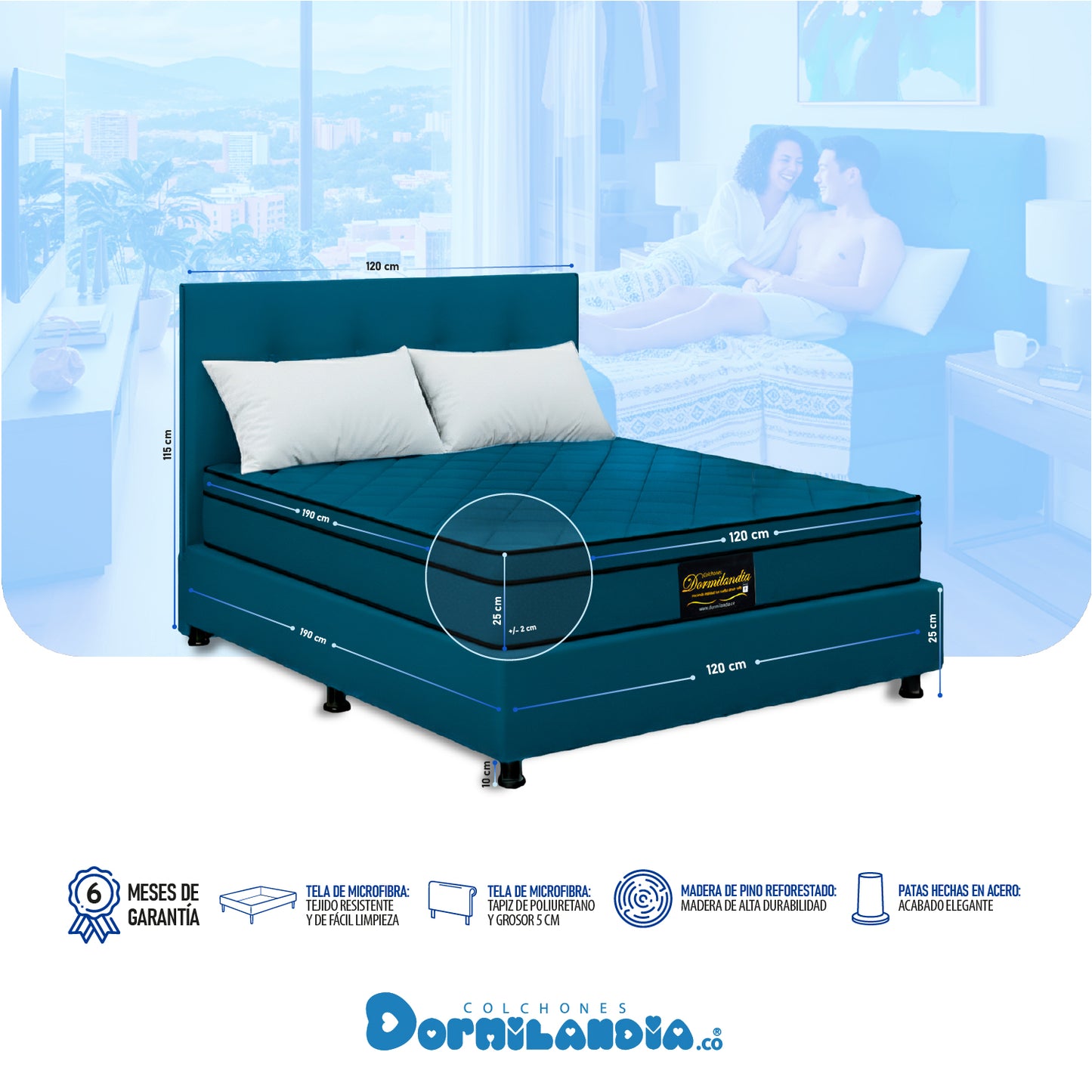 Mega combo Colchón Dublín Resortado Enrollado En Tula Confortable + Base Cama + Cabecero + Almohadas