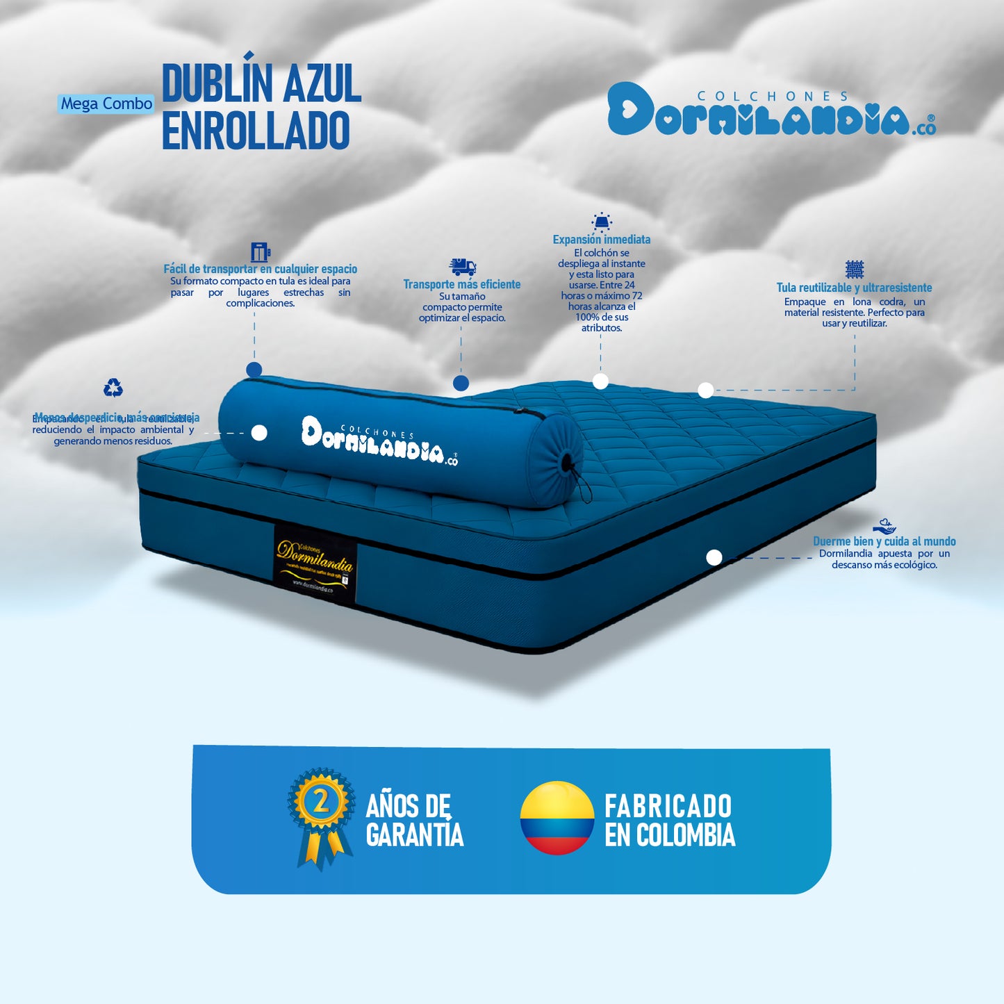 Mega combo Colchón Dublín Resortado Enrollado En Tula Confortable + Base Cama + Cabecero + Almohadas