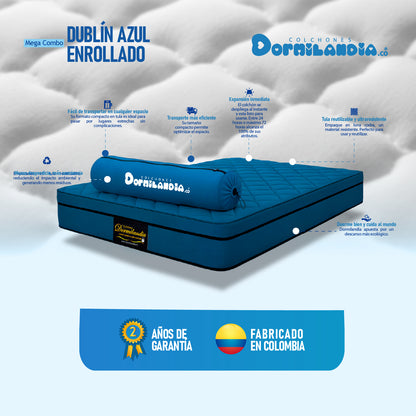 Mega combo Colchón Dublín Resortado Enrollado En Tula Confortable + Base Cama + Cabecero + Almohadas