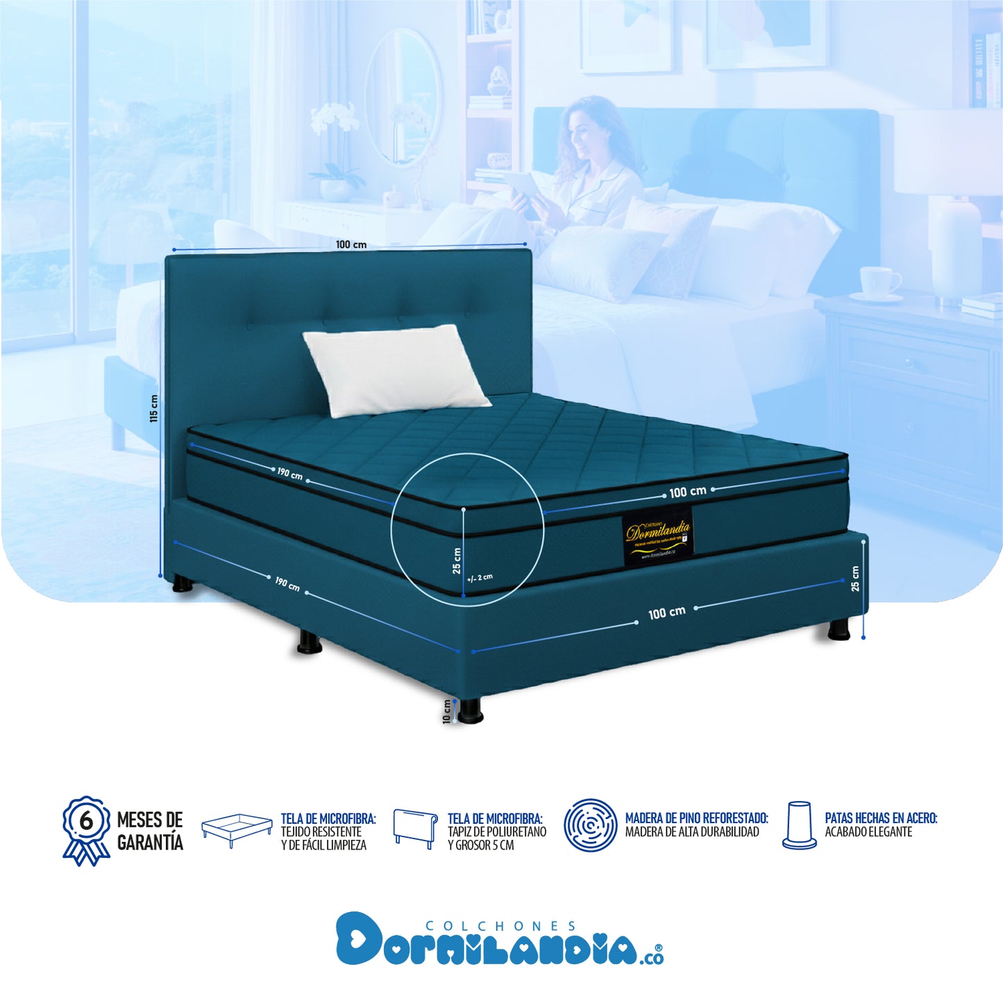 Mega combo Colchón Dublín Resortado Enrollado En Tula Confortable + Base Cama + Cabecero + Almohadas