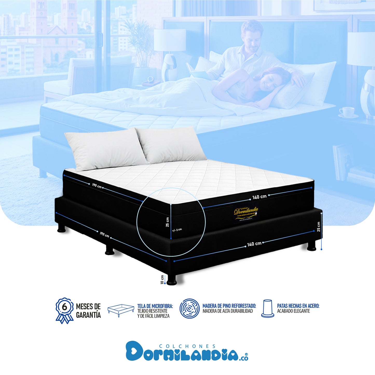 Combo Colchón Versalles Resortado Enrollado En Tula Confortable + Base Cama + Almohadas