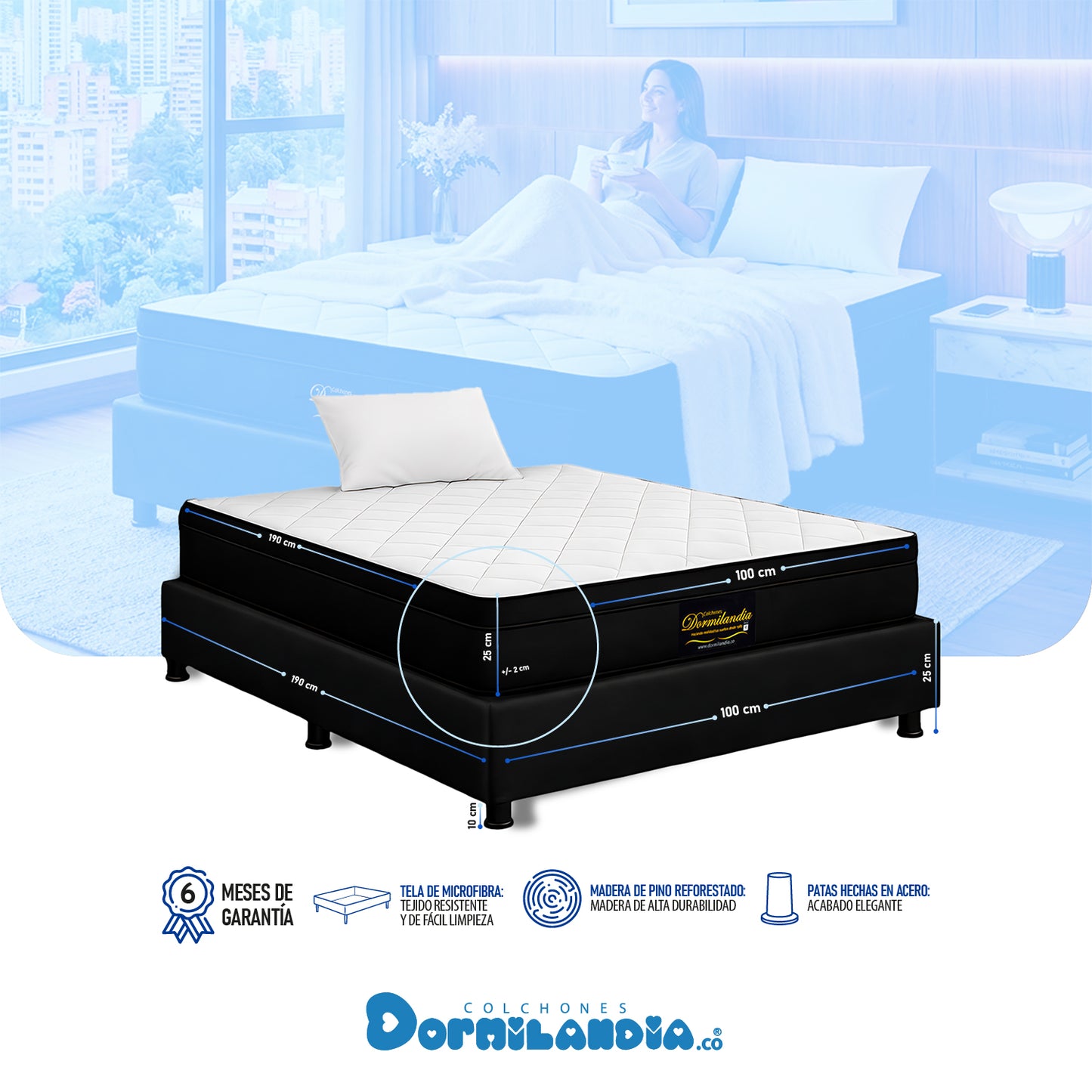 Combo Colchón Versalles Resortado Enrollado En Tula Confortable + Base Cama + Almohadas