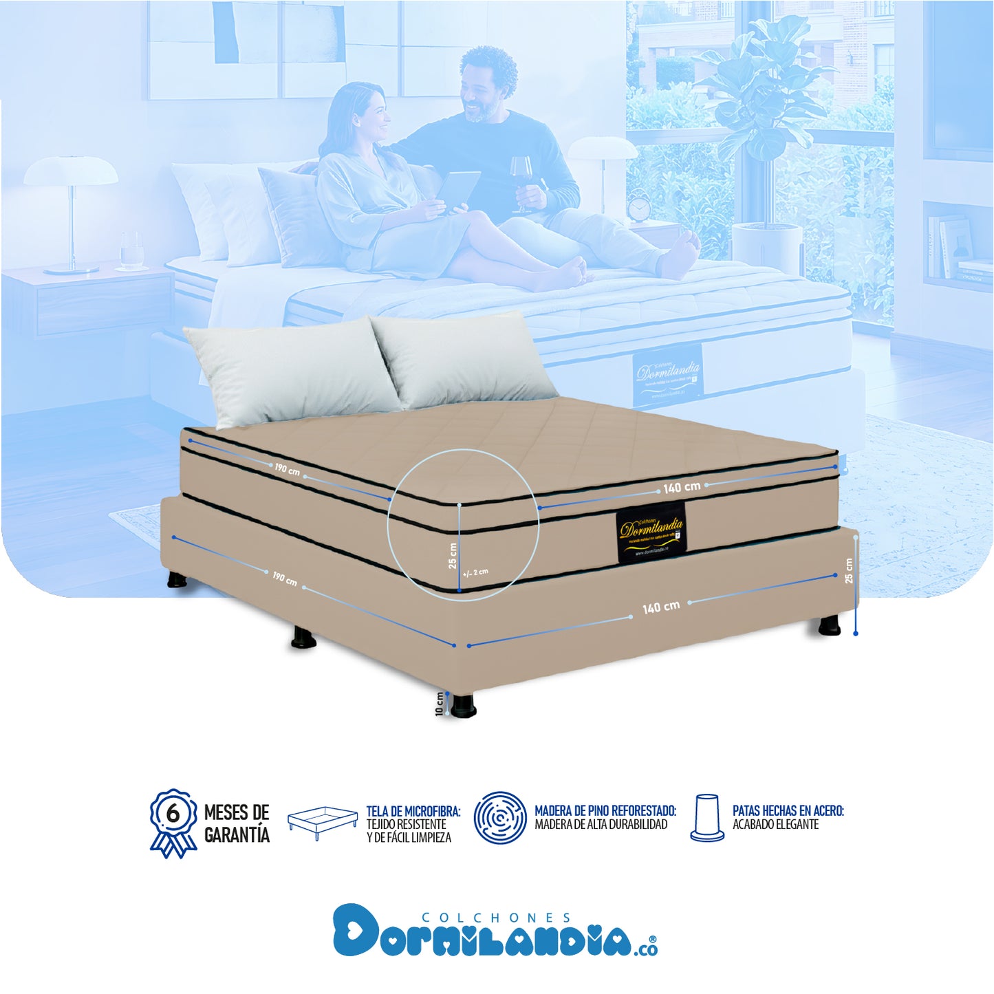 Combo Colchón Dublín Resortado Enrollado En Tula Confortable +Base Cama + Almohadas