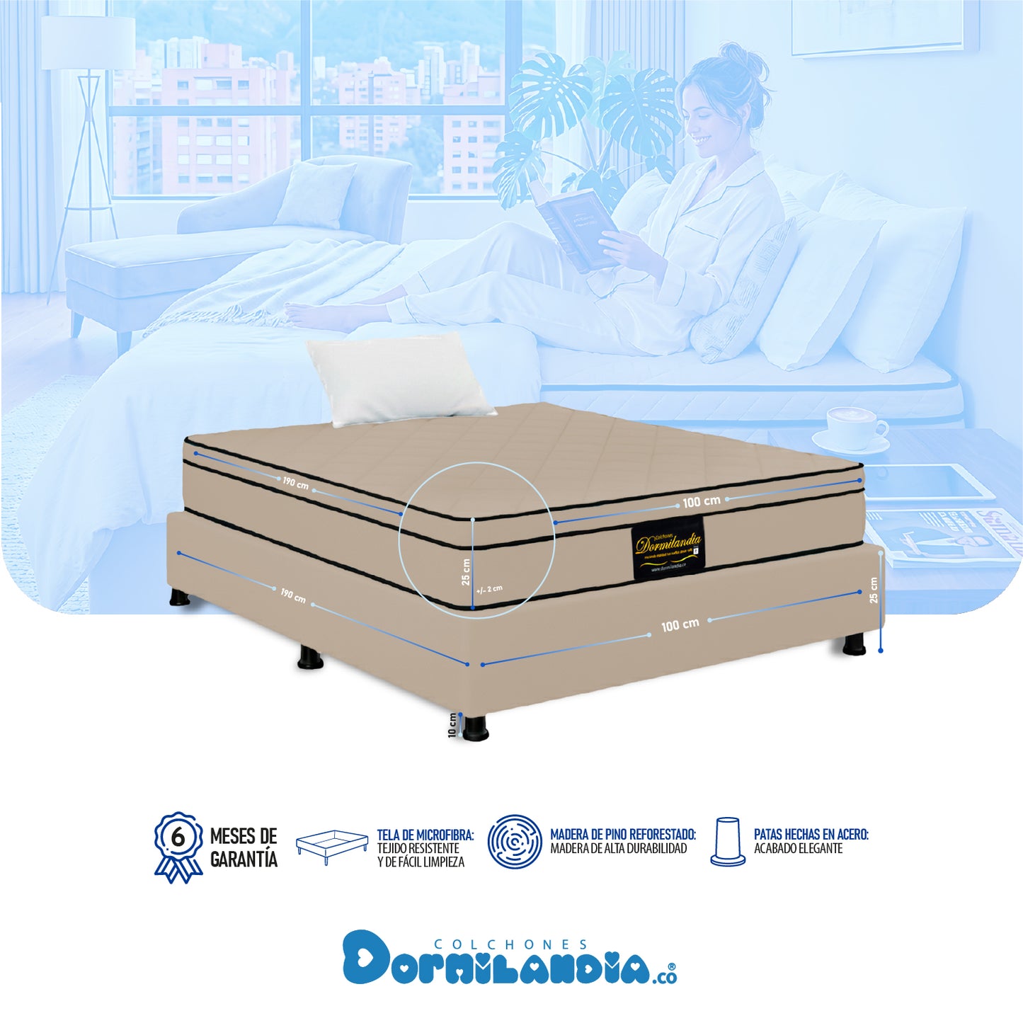 Combo Colchón Dublín Resortado Enrollado En Tula Confortable +Base Cama + Almohadas