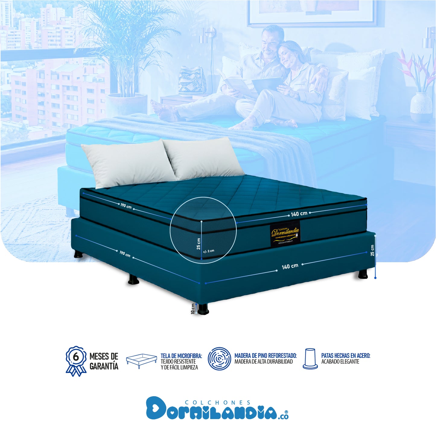 Combo Colchón Dublín Resortado Enrollado En Tula Confortable +Base Cama + Almohadas