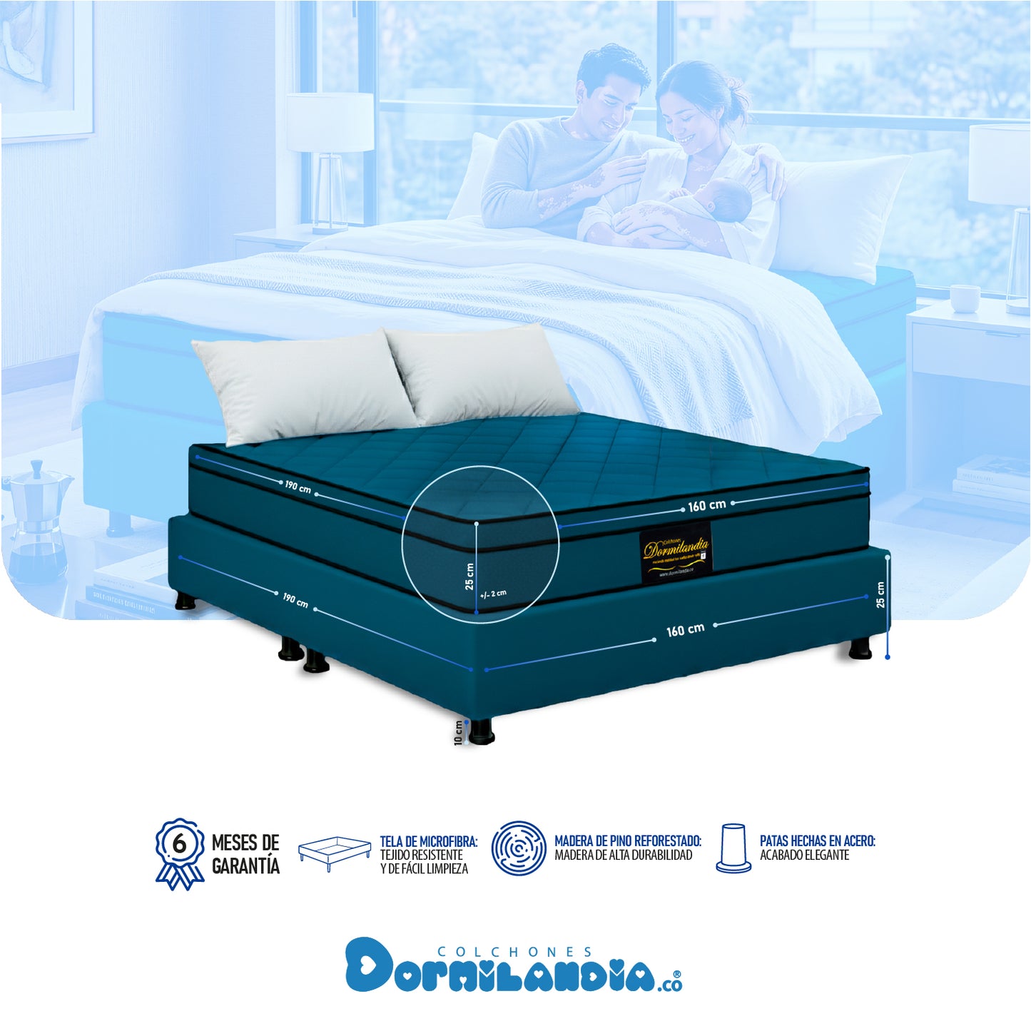 Combo Colchón Dublín Resortado Enrollado En Tula Confortable +Base Cama + Almohadas
