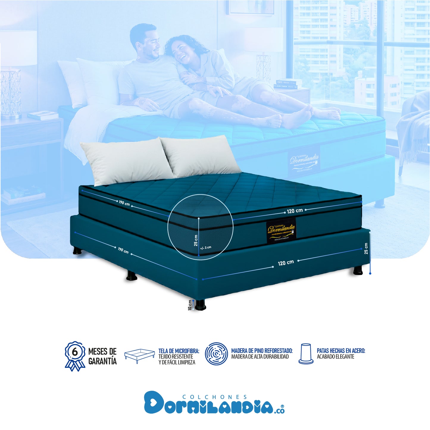 Combo Colchón Dublín Resortado Enrollado En Tula Confortable +Base Cama + Almohadas