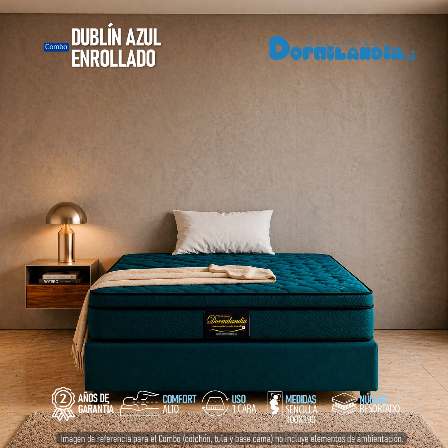 Combo Colchón Dublín Resortado Enrollado En Tula Confortable +Base Cama + Almohadas
