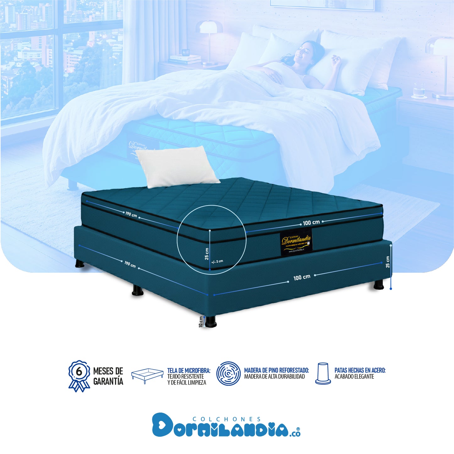 Combo Colchón Dublín Resortado Enrollado En Tula Confortable +Base Cama + Almohadas