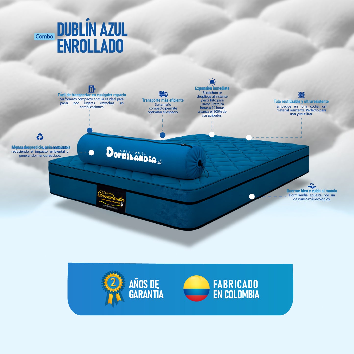 Combo Colchón Dublín Resortado Enrollado En Tula Confortable +Base Cama + Almohadas