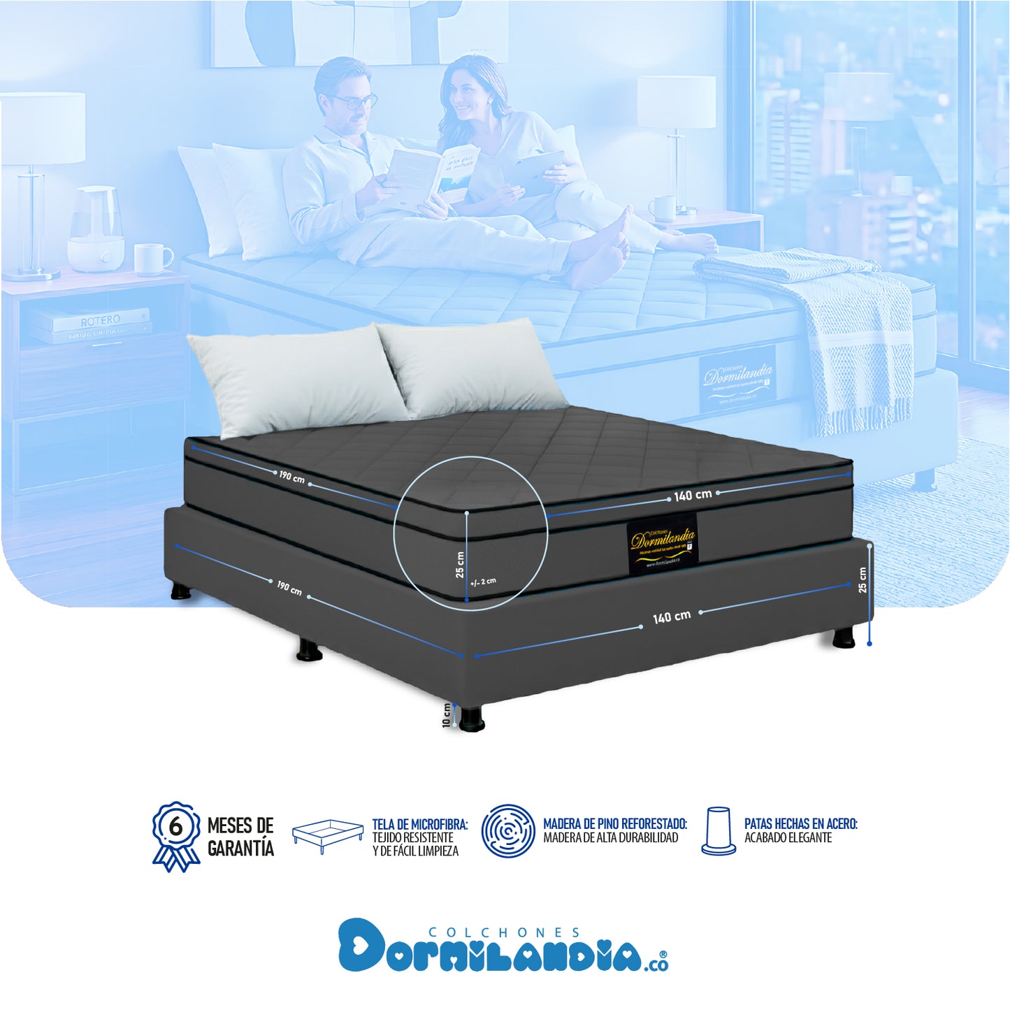 Combo Colchón Dublín Resortado Enrollado En Tula Confortable +Base Cama + Almohadas