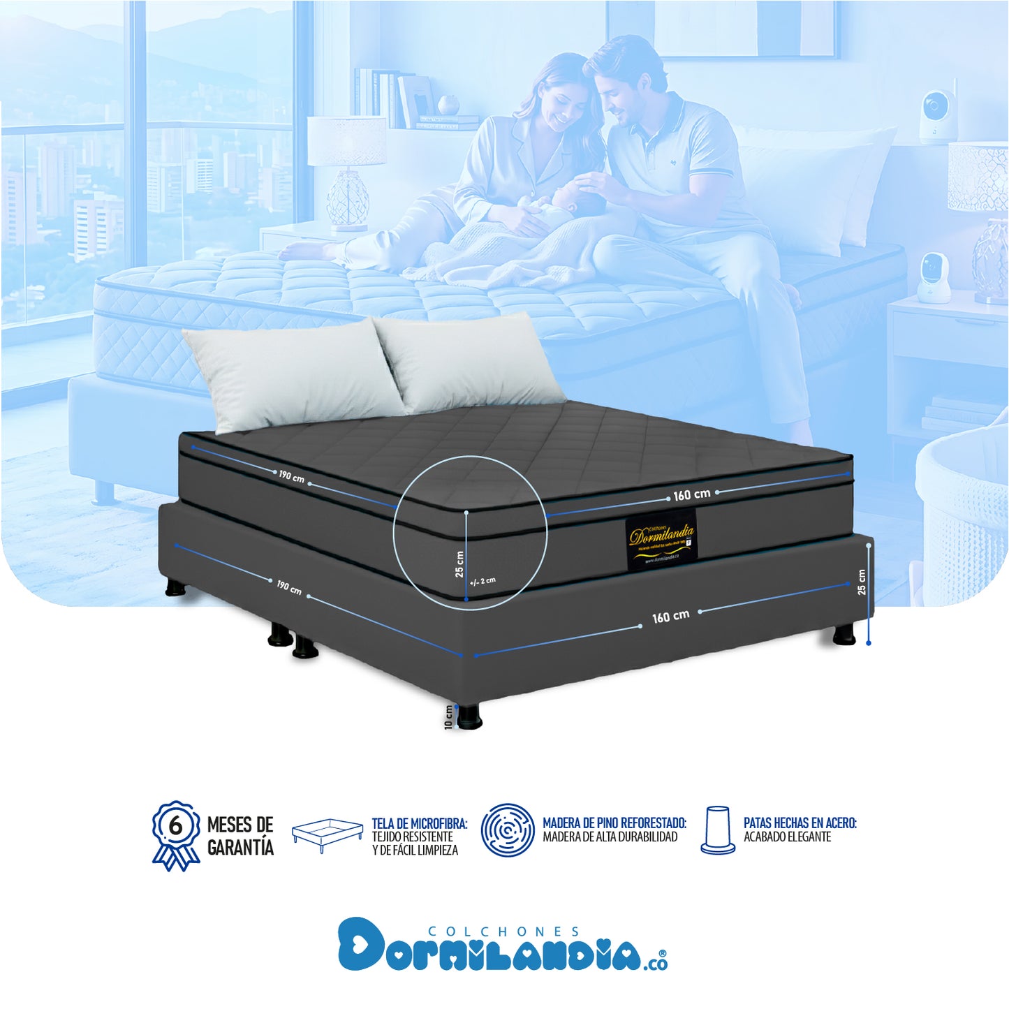 Combo Colchón Dublín Resortado Enrollado En Tula Confortable +Base Cama + Almohadas