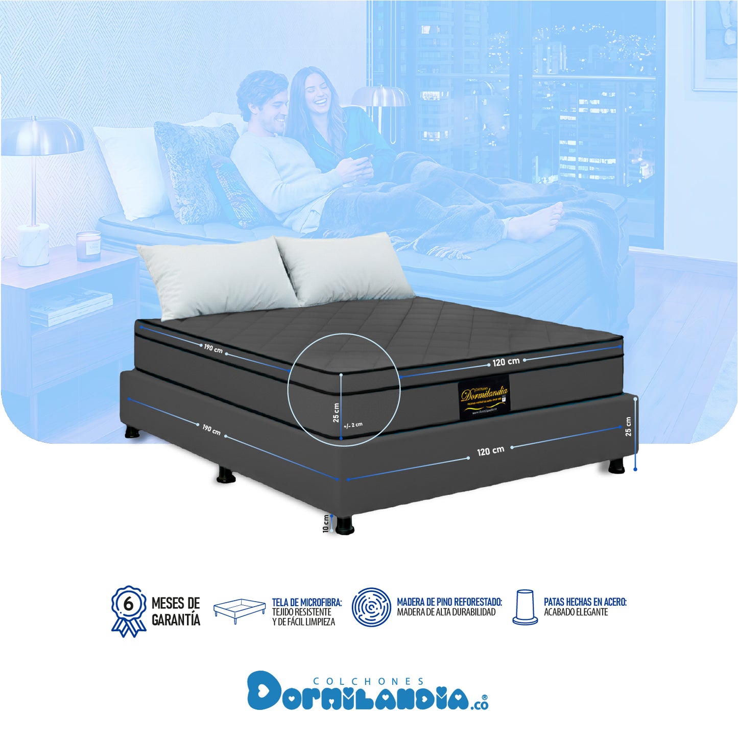 Combo Colchón Dublín Resortado Enrollado En Tula Confortable +Base Cama + Almohadas