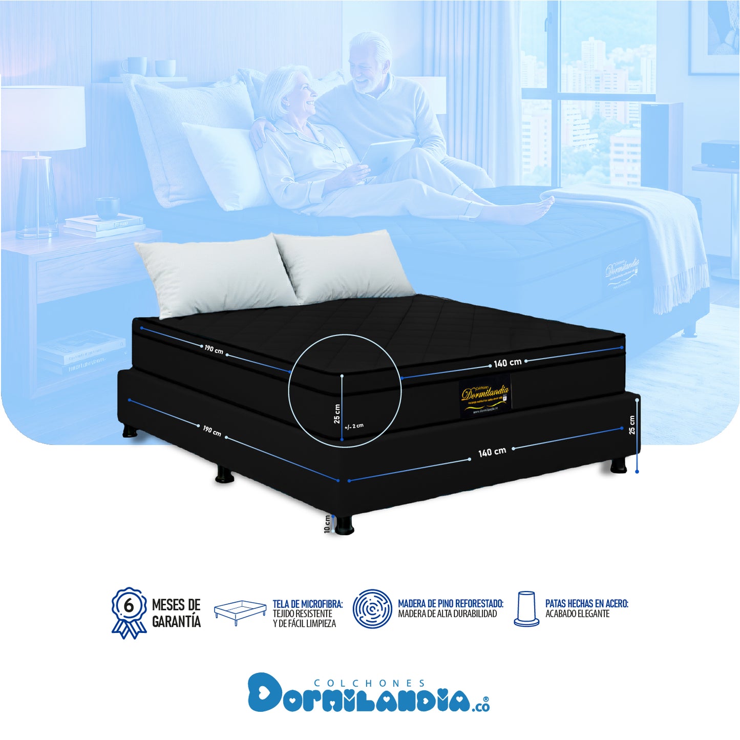 Combo Colchón Dublín Resortado Enrollado En Tula Confortable +Base Cama + Almohadas
