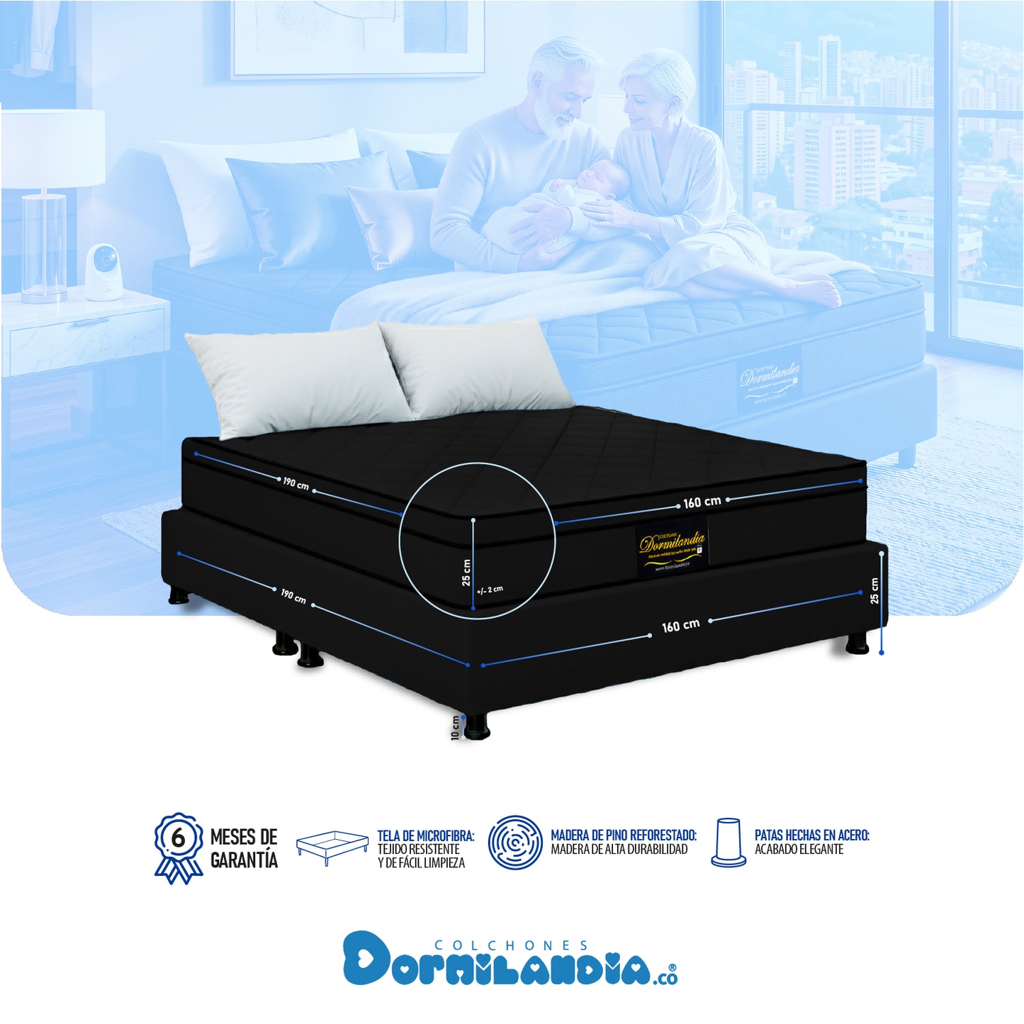 Combo Colchón Dublín Resortado Enrollado En Tula Confortable +Base Cama + Almohadas