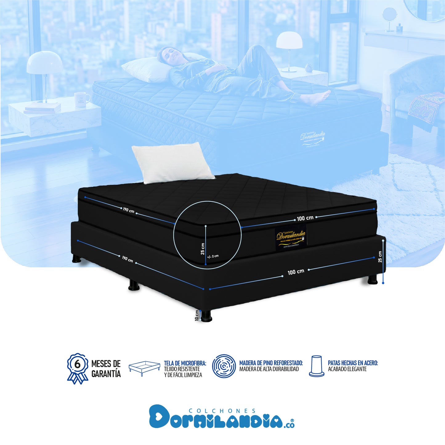 Combo Colchón Dublín Resortado Enrollado En Tula Confortable +Base Cama + Almohadas