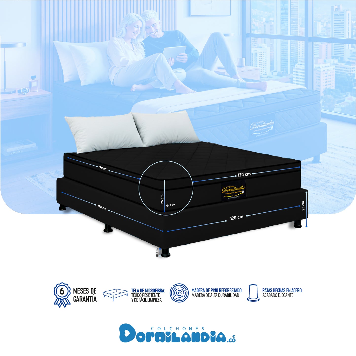 Combo Colchón Dublín Resortado Enrollado En Tula Confortable +Base Cama + Almohadas
