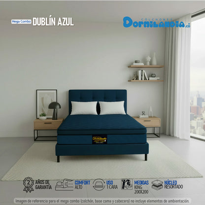 Mega Combo Colchón Dublín King Resortado + Base Cama + Cabecero + Almohadas