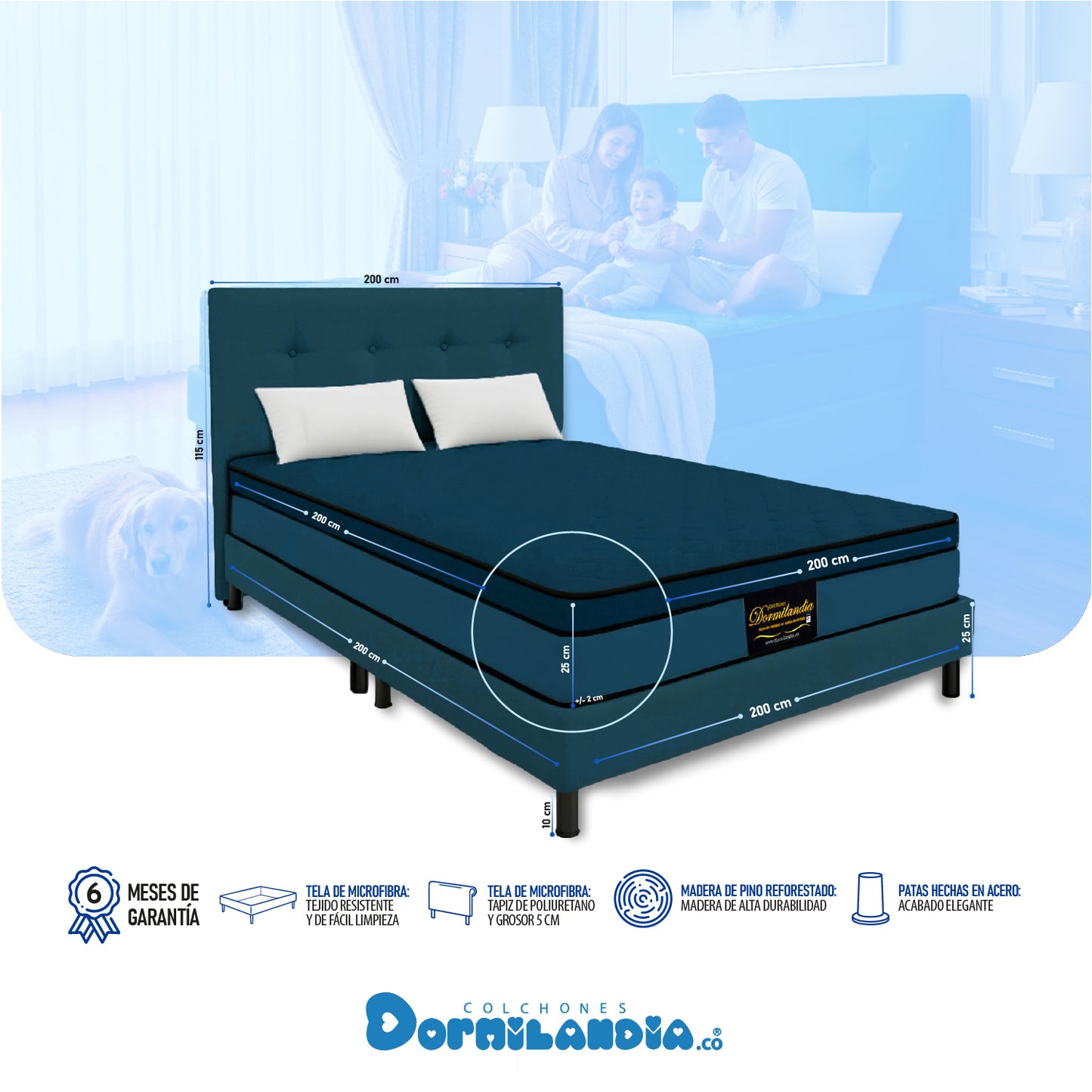 Mega Combo Colchón Dublín King Resortado + Base Cama + Cabecero + Almohadas