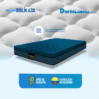 Mega Combo Colchón Dublín King Resortado + Base Cama + Cabecero + Almohadas