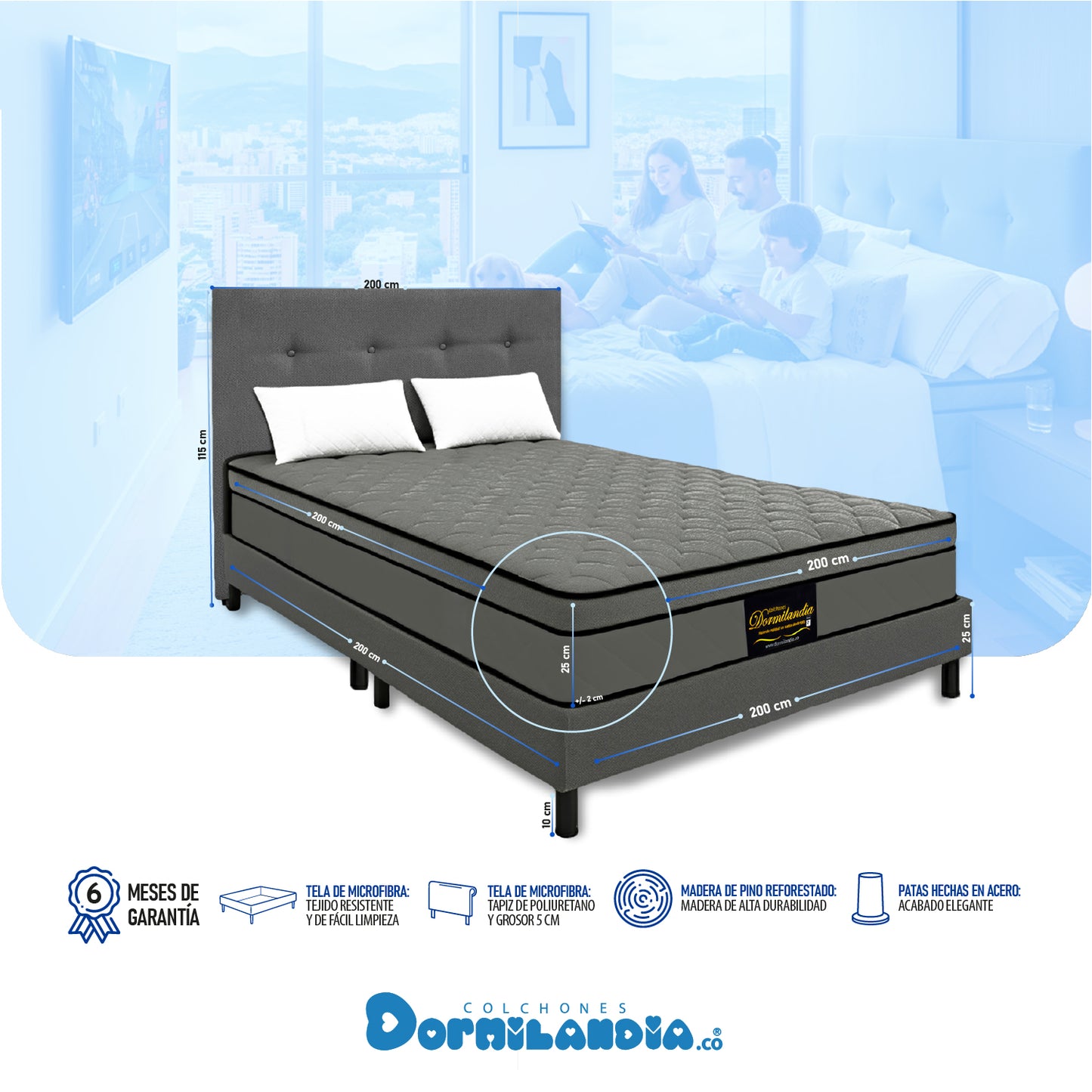 Mega Combo Colchón Dublín King Resortado + Base Cama + Cabecero + Almohadas