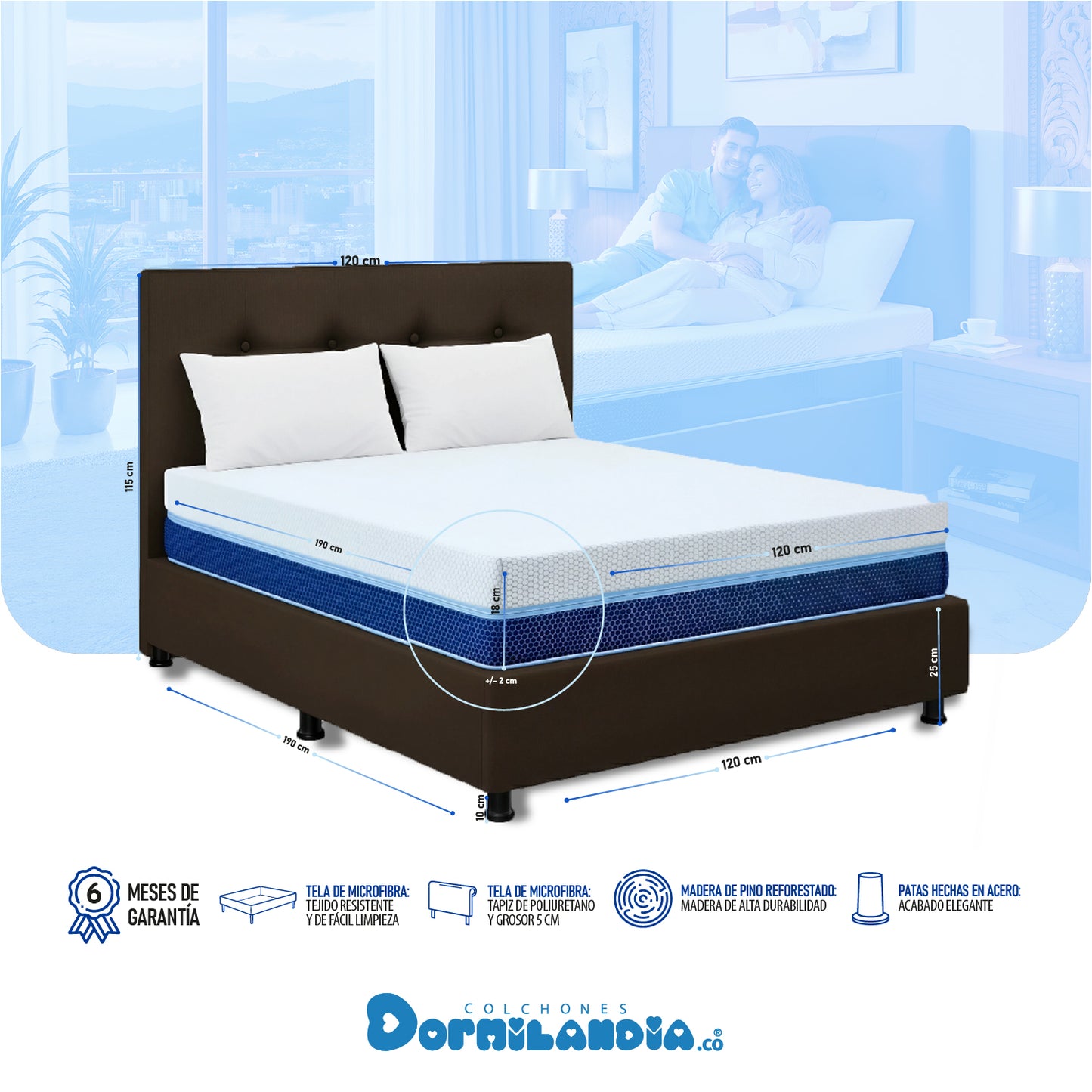 Mega Combo Colchón Multisleep Espumado + Base Cama + cabecero + Almohadas