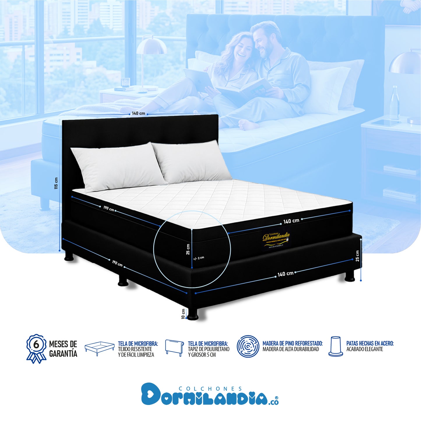 Mega Combo Colchón Versalles Resortado Enrollado + Base Cama + Cabecero + Almohadas