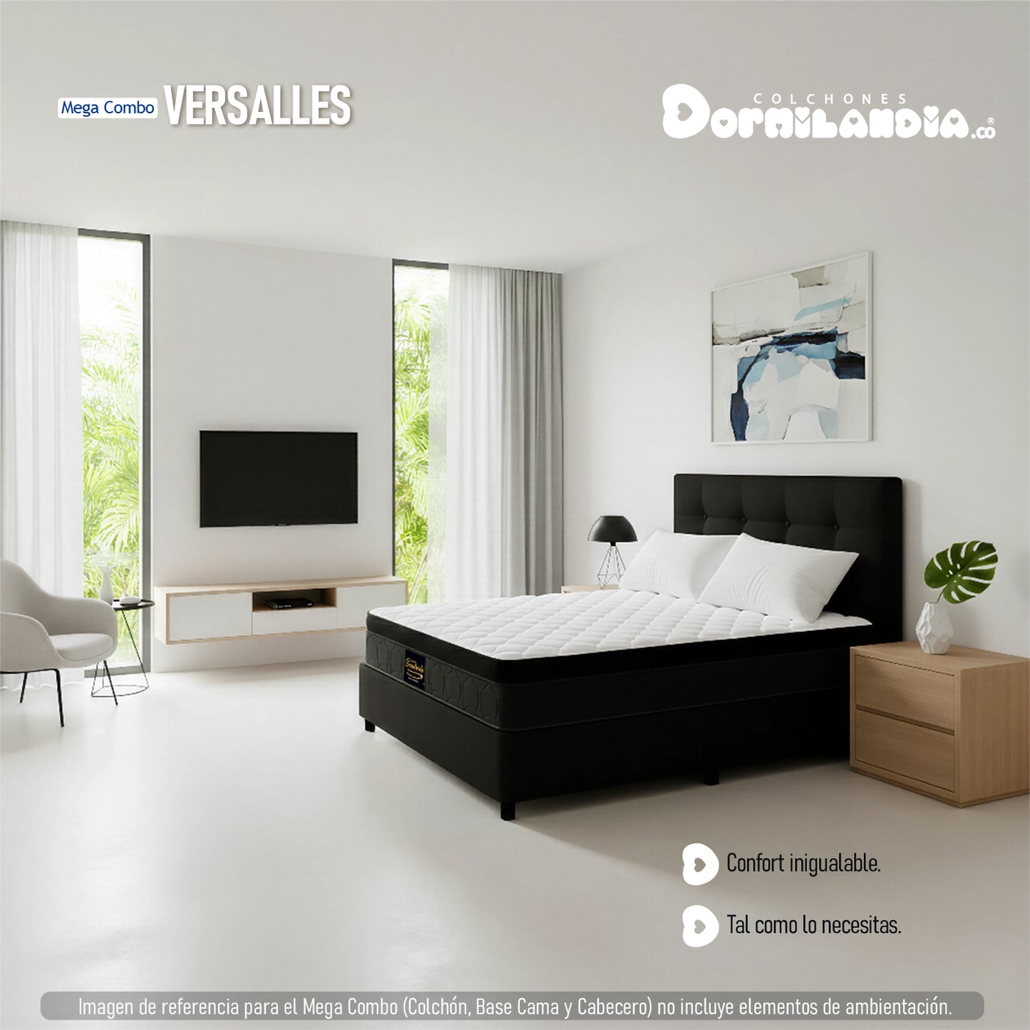 Mega Combo Colchón Versalles King Resortado + Base Cama + Cabecero + Almohadas