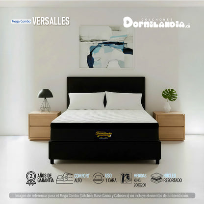 Mega Combo Colchón Versalles King Resortado + Base Cama + Cabecero + Almohadas