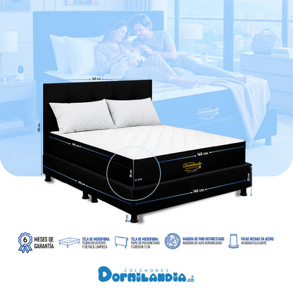 Mega Combo Colchón Versalles Resortado Enrollado + Base Cama + Cabecero + Almohadas