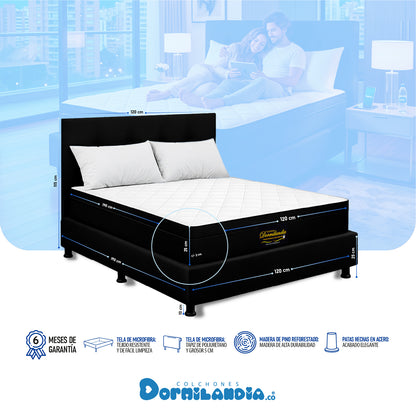 Mega Combo Colchón Versalles Resortado Enrollado + Base Cama + Cabecero + Almohadas