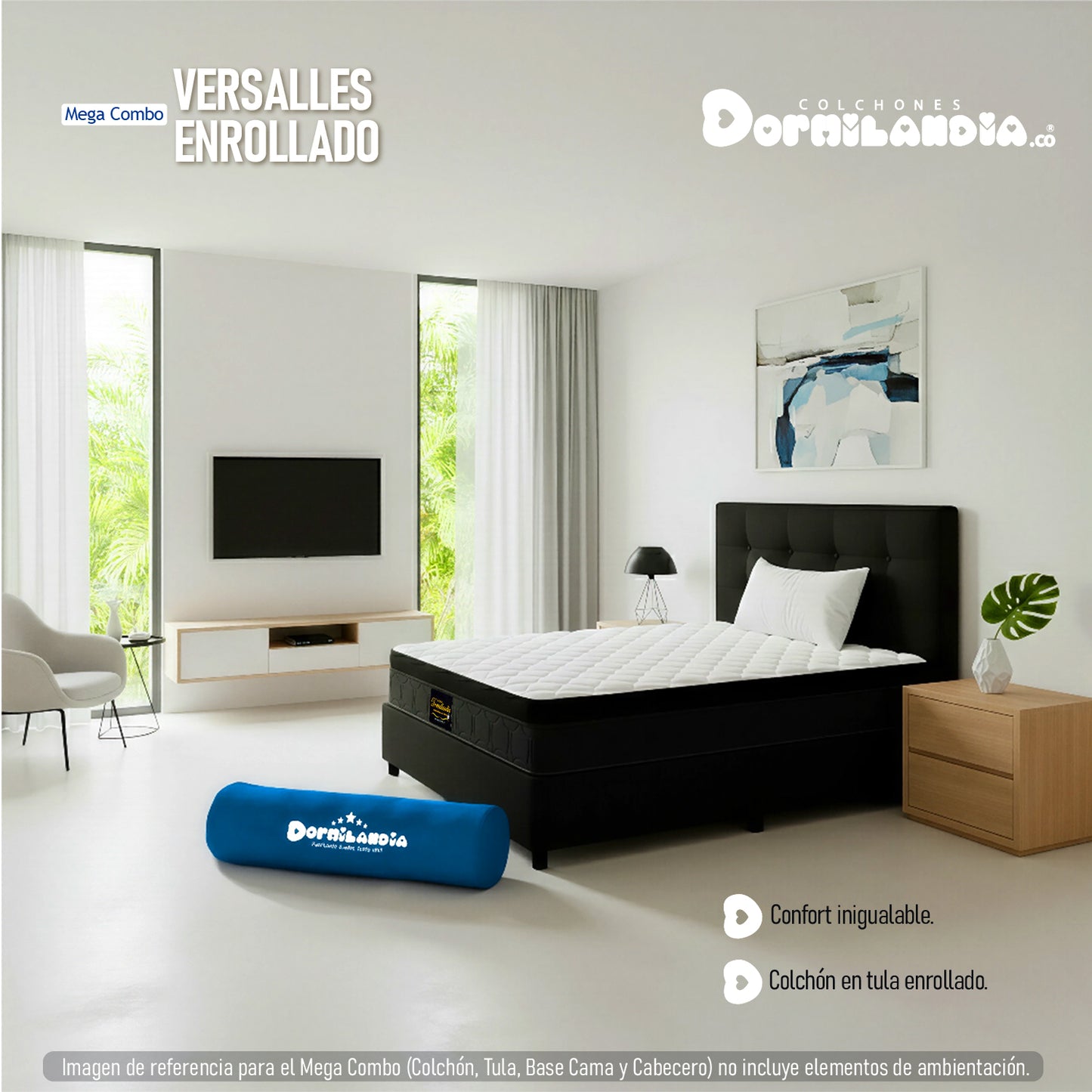 Mega Combo Colchón Versalles Resortado Enrollado + Base Cama + Cabecero + Almohadas