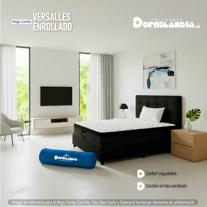 Mega Combo Colchón Versalles Resortado Enrollado + Base Cama + Cabecero + Almohadas
