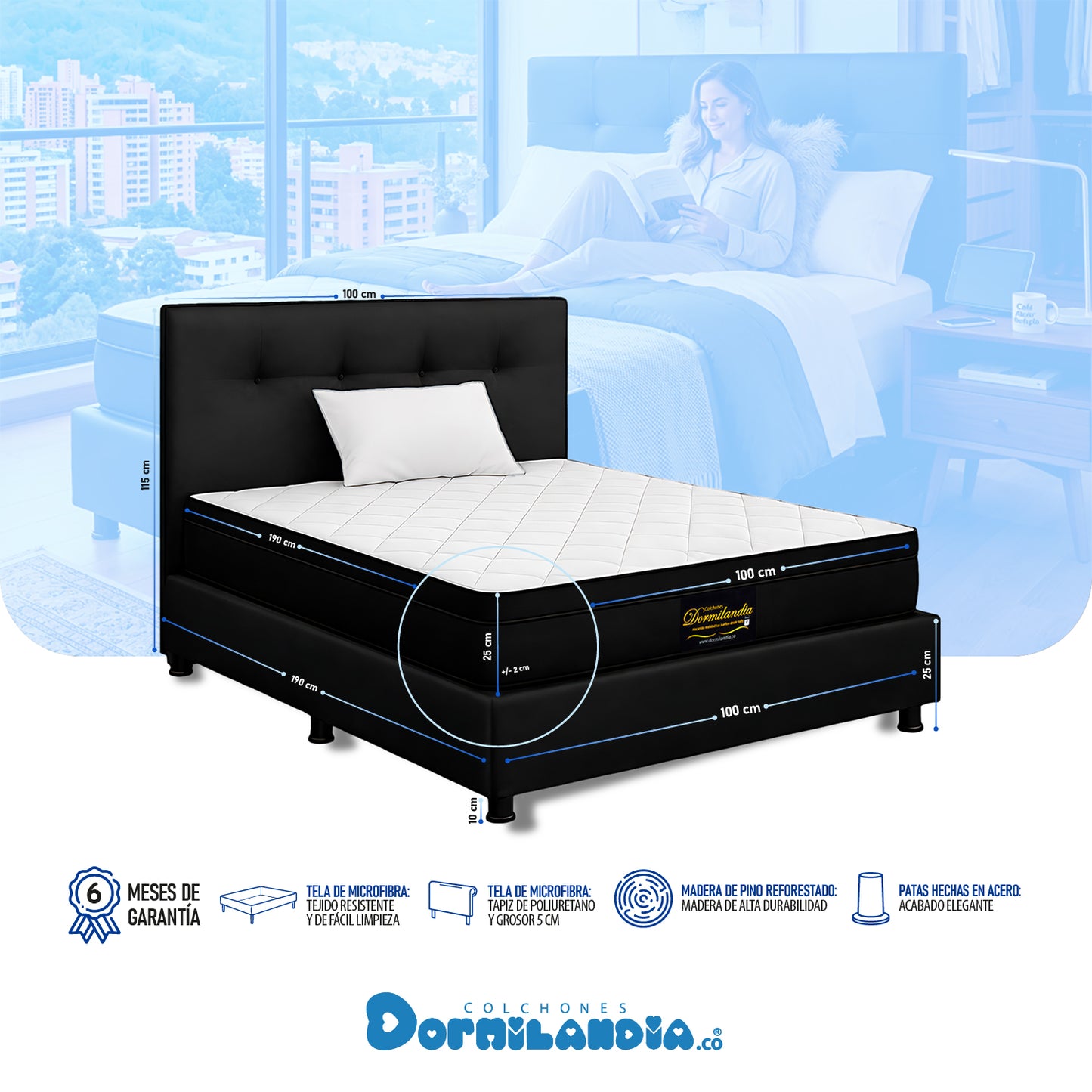 Mega Combo Colchón Versalles Resortado Enrollado + Base Cama + Cabecero + Almohadas