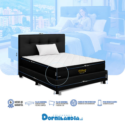 Mega Combo Colchón Versalles Resortado Enrollado + Base Cama + Cabecero + Almohadas