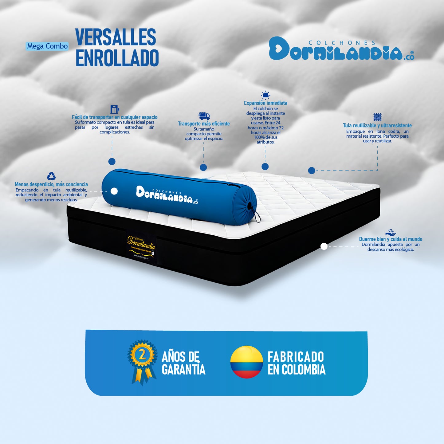 Mega Combo Colchón Versalles Resortado Enrollado + Base Cama + Cabecero + Almohadas