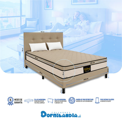 Mega combo Colchón Dublín Resortado Enrollado En Tula Confortable + Base Cama + Cabecero + Almohadas
