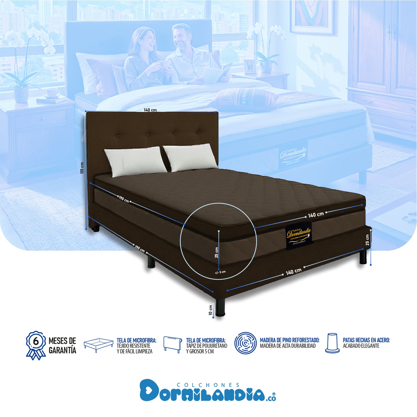 Mega combo Colchón Espumado Dublín Enrollado En Tula Confortable + Base Cama + Cabecero + Almohadas