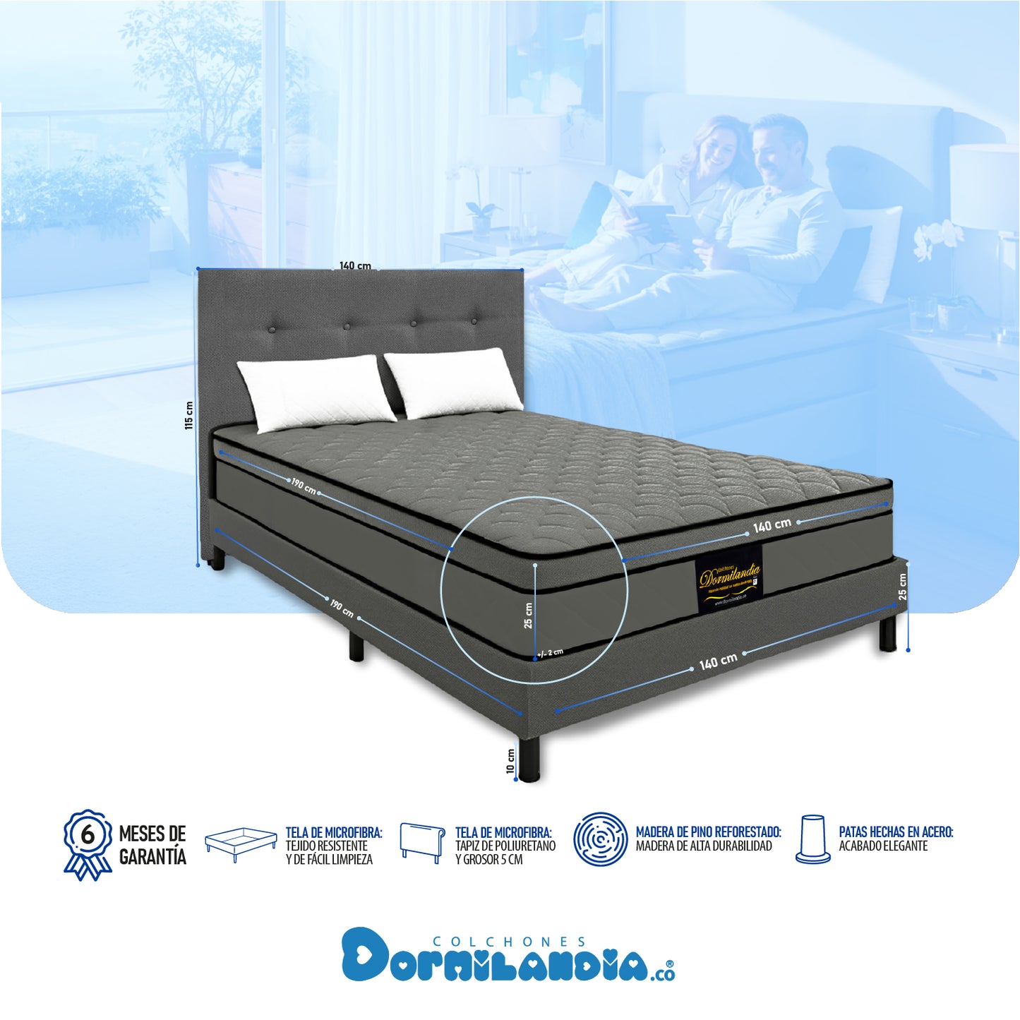 Mega combo Colchón Dublín Resortado Enrollado En Tula Confortable + Base Cama + Cabecero + Almohadas