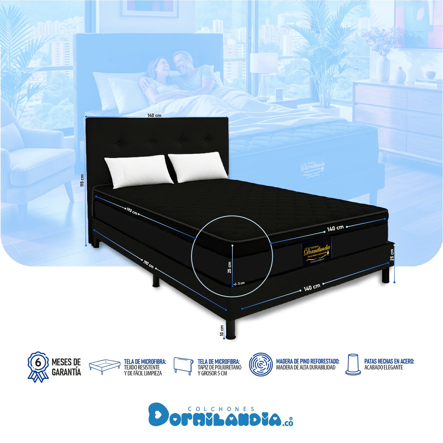 Mega combo Colchón Dublín Resortado Enrollado En Tula Confortable + Base Cama + Cabecero + Almohadas