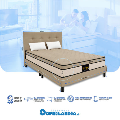Mega combo Colchón Espumado Dublín Enrollado En Tula Confortable + Base Cama + Cabecero + Almohadas