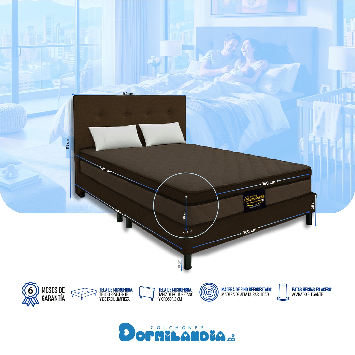Mega combo Colchón Espumado Dublín Enrollado En Tula Confortable + Base Cama + Cabecero + Almohadas