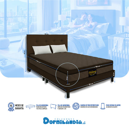 Mega combo Colchón Espumado Dublín Enrollado En Tula Confortable + Base Cama + Cabecero + Almohadas