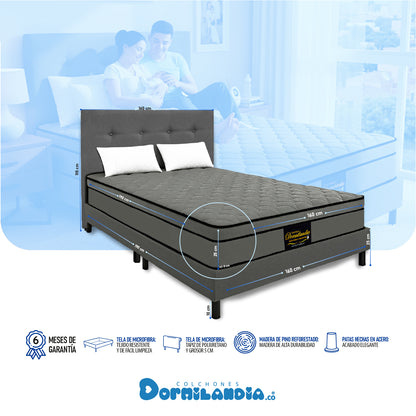 Mega combo Colchón Dublín Resortado Enrollado En Tula Confortable + Base Cama + Cabecero + Almohadas