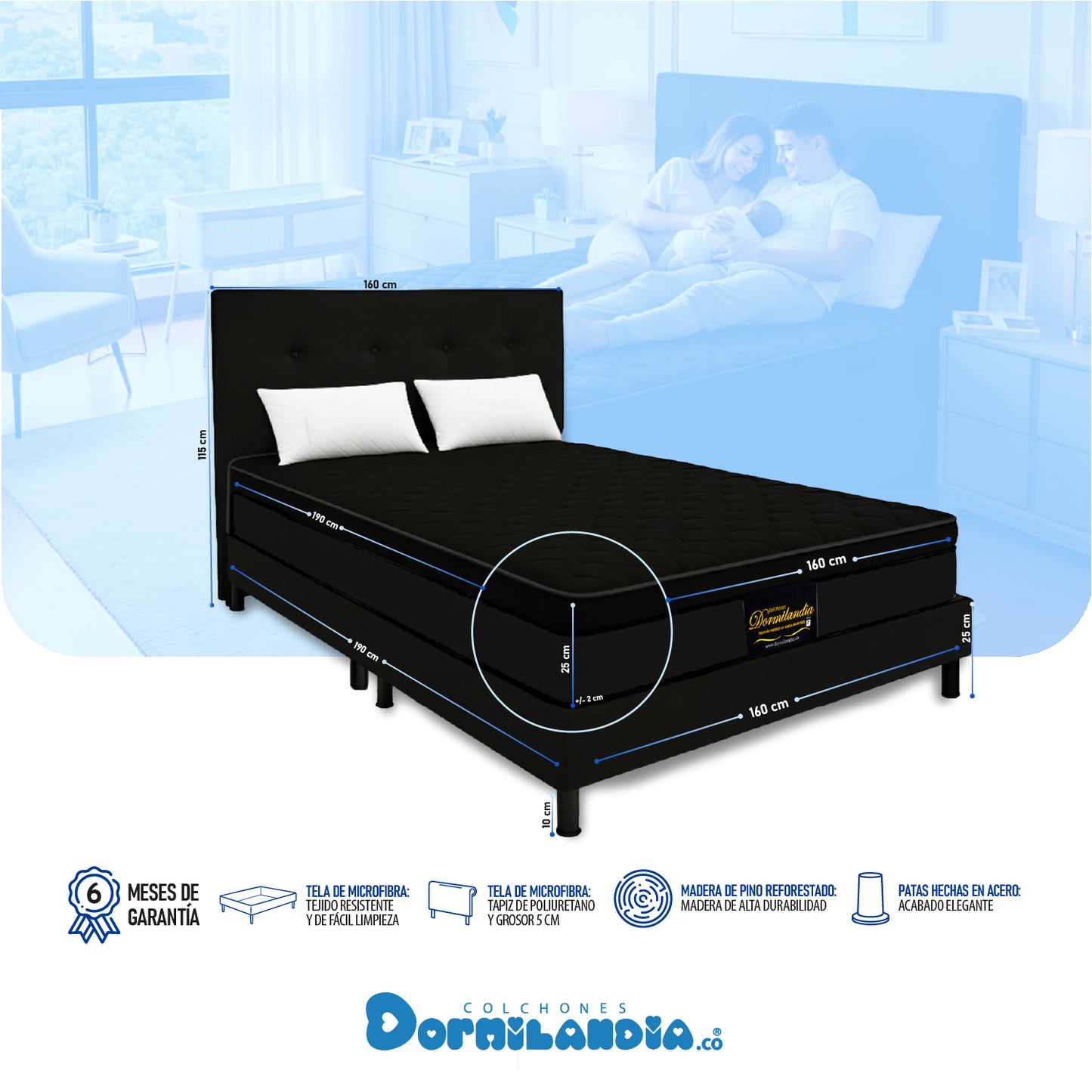 Mega combo Colchón Dublín Resortado Enrollado En Tula Confortable + Base Cama + Cabecero + Almohadas