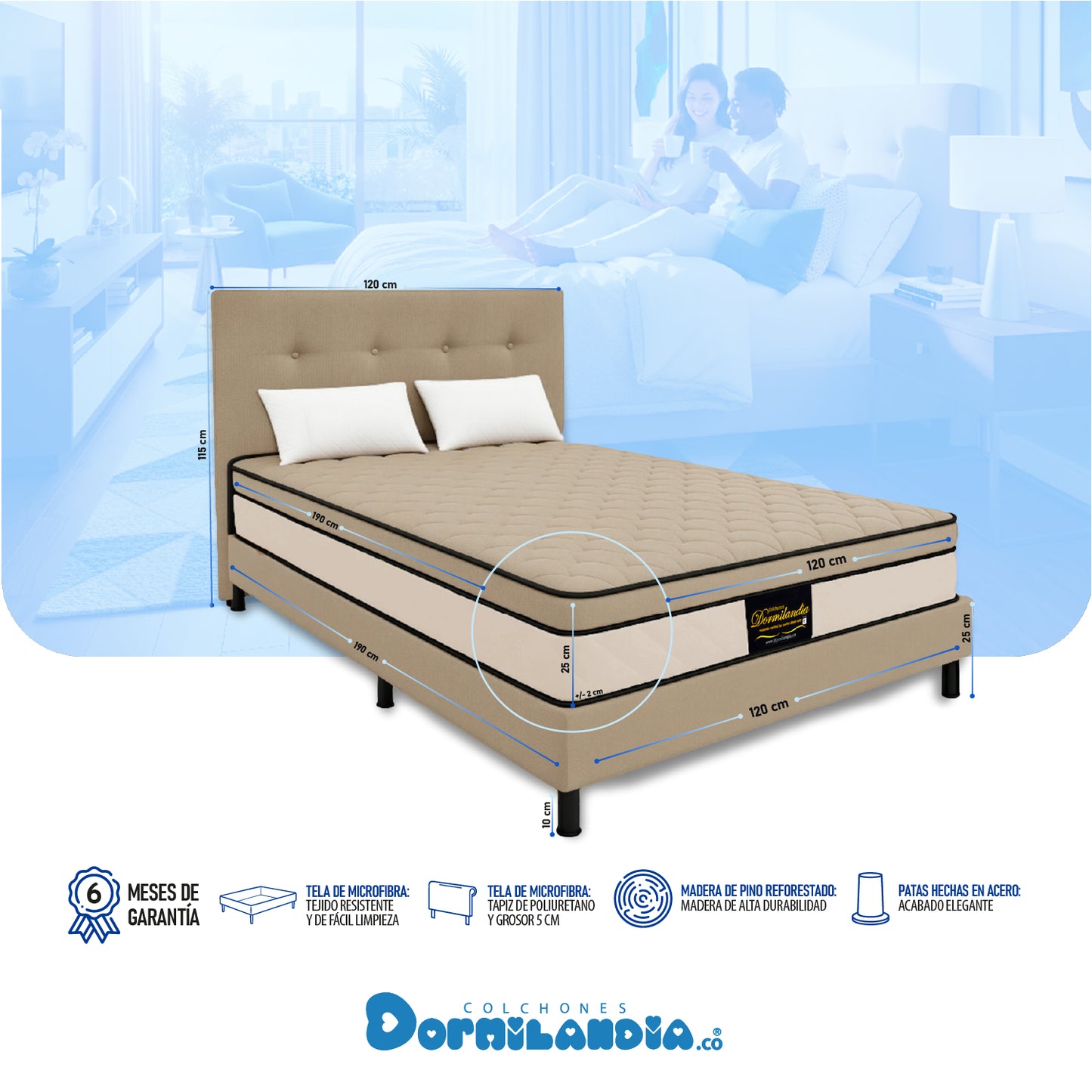 Mega combo Colchón Dublín Resortado Enrollado En Tula Confortable + Base Cama + Cabecero + Almohadas