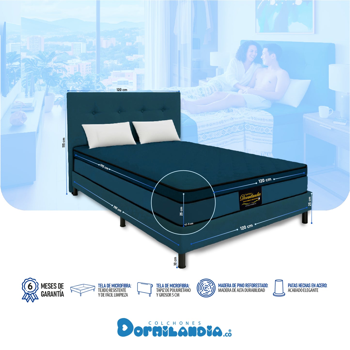 Mega combo Colchón Espumado Dublín Enrollado En Tula Confortable + Base Cama + Cabecero + Almohadas