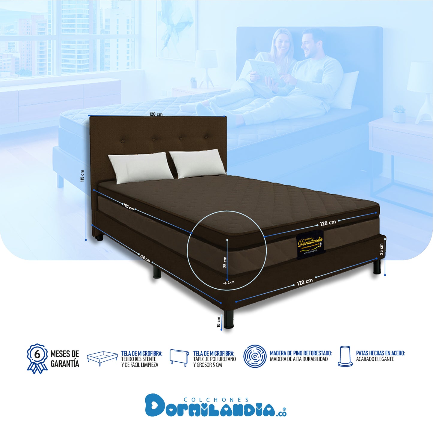 Mega combo Colchón Espumado Dublín Enrollado En Tula Confortable + Base Cama + Cabecero + Almohadas
